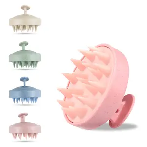 Escova de shampoo massageador para couro cabeludo com cerdas de silicone longas e flexíveis, logotipo privado ecológico, para cuidados com os cabelos, palha de trigo