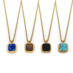 Collier unisexe pour tous les jours <span class=keywords><strong>avec</strong></span> turquoise bleue et <span class=keywords><strong>lapis</strong></span>-<span class=keywords><strong>lazuli</strong></span>, design carré minimaliste tendance, plaqué or, bijou tendance, cadeau - Product Image 1