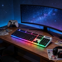 Modèle à succès : Clavier blanc à LED noir 104 touches + combo souris 3D à double usage pour le jeu et le bureau