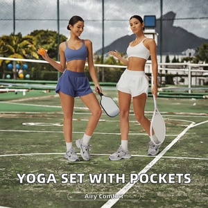 Women's Gym <b>Yoga</b> Wear 2-Piece <b>Set</b> Casual Wholesale Sports Bra and Shorts with Solid Breathable Pattern Both Side Pocket - Product Image 2