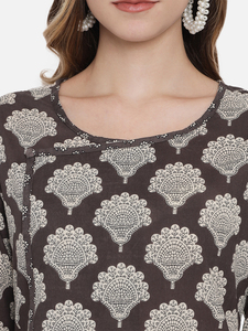 Ensemble Kurti pour femmes en coton écologique vintage imprimé à la main, manches trois quarts, col rond, coupe ample, robe décontractée pour tous les jours - Product Image 2