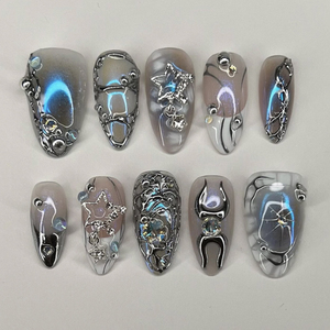 Ongles Press-On de Luxe Faits Main Cyber Y2K Effet Argent <span class=keywords><strong>Liquide</strong></span> Métallique Étoile Lune Œil de Chat Réutilisables Service OEM ODM pour Femmes - Product Image 1