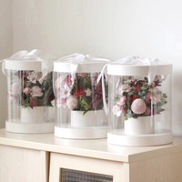 Boîte cadeau de bouquet de fleurs en plastique transparent rond rose pour la Saint-Valentin, boîte de dôme à fleurs avec couvercle en papier
