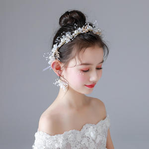 Ensemble de bijoux tiare et boucles d'oreille de mariée pour enfant, accessoires faits à la main, couvre-chef en fleurs, diadème de princesse en perle, cadeau de fête - Product Image 4