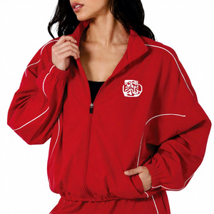 Women's Red Sporty Tracksuit <b>Set</b> Full Length Loose Fit <b>Knitted</b> Polyester Side Stripe All Seasons Wear Windbreaker Wholesale <b>Set</b> - Product Image 6