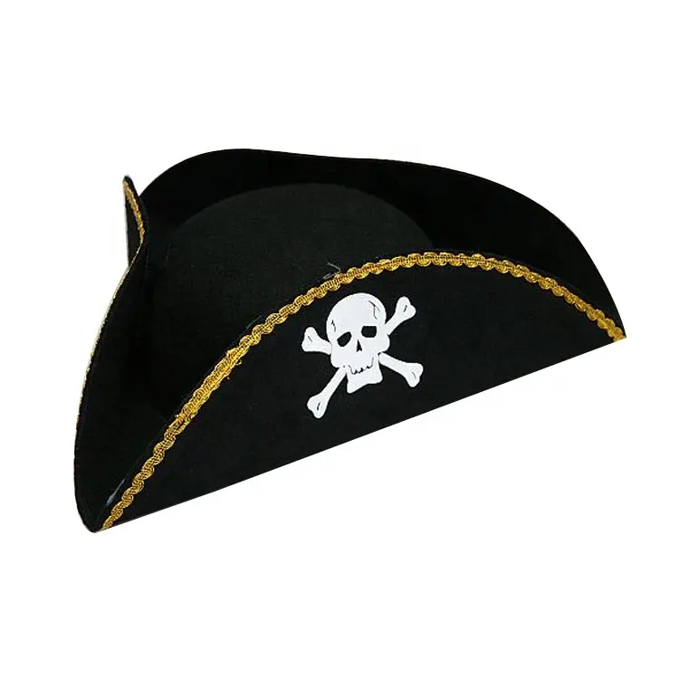 Halloween Party Cosplay Tricorn Felt Black Color Gold Brim Hats Fancy Dress Caribbean Accessory Captain Adult Pirate Hat