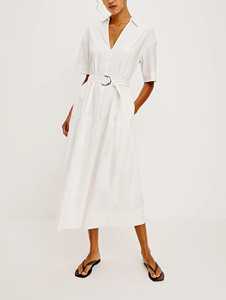 เดรสเชิ้ตผ้าฝ้ายผสมลินินพิมพ์ลายนามธรรมสำหรับผู้หญิง คอปก แขนสั้น มีเข็มขัด ยาวคลุมเท้า สไตล์วินเทจลำลอง ชุดเดรสทำงาน - Product Image 5