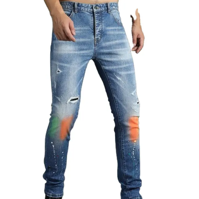 Customized Jeans Men Destroyed Elastic Washed Jean Trousers For Men Graffiti Street Style Skinny Denim Pants