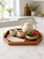 Plateau de service octogonal en bois massif avec logo personnalisé OEM, plateau en bois perlé à bord surélevé, plateau en bois vintage pour la vente en gros