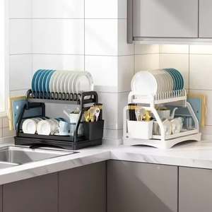 Scolapiatti a 2 livelli compatto con porta posate e vassoio raccogligocce rimovibile per cucina - Product Image 6