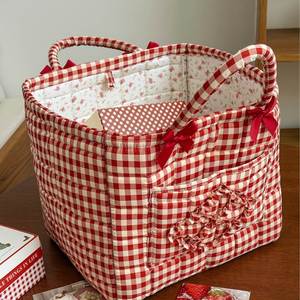 Nouvel Arrivage Panier de Rangement en Coton Rouge à Carreaux avec Nœud, Esthétique, pour Articles Divers, Portable, Panier à Linge - Product Image 2