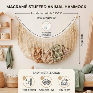 Organisateur de jouets en macramé pour animaux en peluche, 100x70cm, à fixer au mur, pour le rangement des peluches dans le salon, couleur crème - Product Image 5