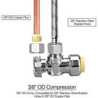 Robinet d'arrêt d'angle à compression, entrée PTC 1/2\", sortie OD 3/8\", connexion rapide, 1/4 de tour, laiton chromé pour robinet/toilette