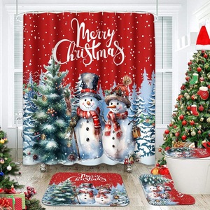 Red Christmas Snowmen Scene Polyester Shower <b>Curtain</b> <b>Bathroom</b> <b>Curtain</b> Digital Print Custom Print Waterproof Bulk Wholesale - Product Image 1