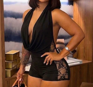 Viviblook J26RP157 Nouvelle Combinaison d'été pour femmes, sexy, couleur unie, col en V profond, patchwork, dentelle, combinaison décontractée pour femmes - Product Image 1