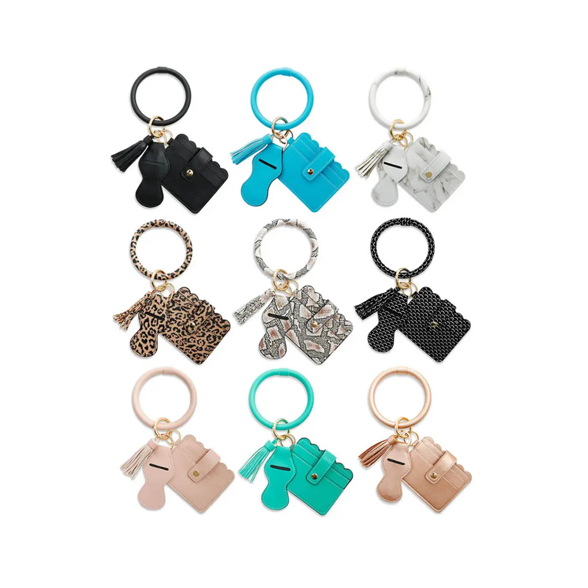 Multicolor Printing PU Leather ID Card Holder Tassel Bangle Keyring Round Wristlet Bracelet Keychain with Charpstick Holder
