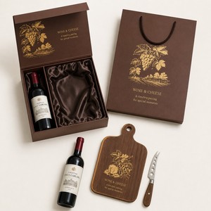 Custom <strong>Wine</strong> <strong>and</strong> <strong>Cheese</strong> Board <strong>Gift</strong> Set Box Warm Wood Rigid Box with Gold Foil <strong>Wine</strong> Bottle <strong>and</strong> <strong>Cheese</strong> Board Packaging - Product Image 4