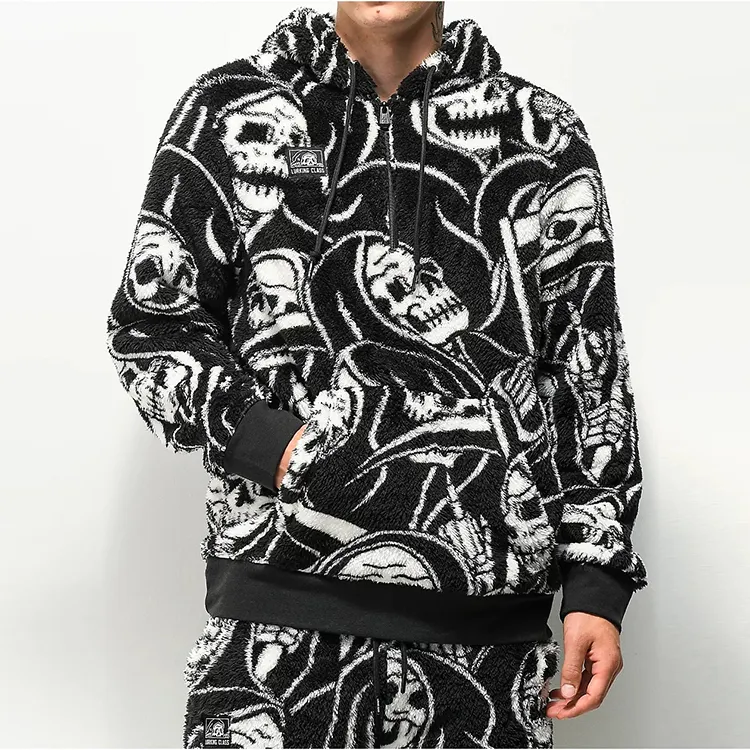 Dec Custom Moletons Sherpa Pullover Drawstring Skull Fur Hoodie Sweatshirt Men Hoodies Half Zip All Over Print Skeleton Hoodie