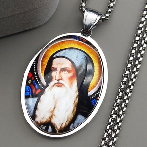 Medalla de <span class=keywords><strong>San</strong></span> <span class=keywords><strong>Benito</strong></span> de Cristal, Colgante Ovalado de Acero Inoxidable, Collar, Joyería Dorada, Accesorios de Regalo - Product Image 2