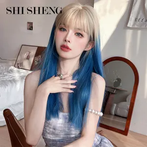 Shi Sheng dài thẳng tóc vàng và ánh sáng màu xanh ombre tổng hợp tóc giả cho phụ nữ bên cospaly Tóc Giả chịu nhiệt hàng ngày sử dụng