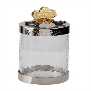 Recipiente cilíndrico de acero inoxidable para alimentos con tapa dorada con diseño floral, hermético, hecho a mano, diseño oriental, frasco de almacenamiento para cocina - Product Image 1