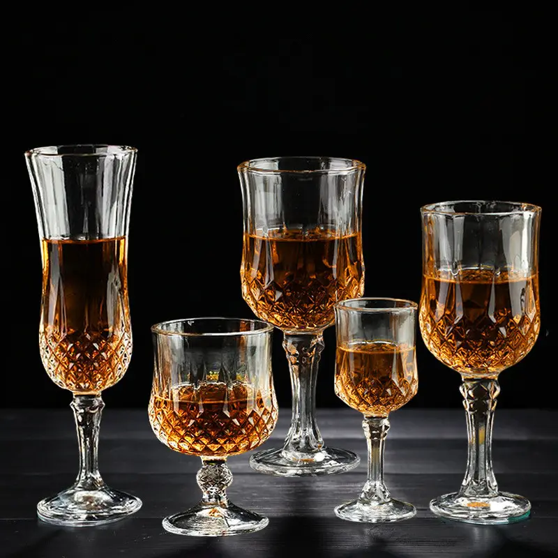 Wholesale Transparent Embossed Vintage Goblet Wine Glasses Champagne Flute Brandy Vintage Glass Goblets Set