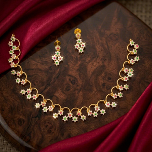 Elegant Matte Gold CZ Crystal Star Flower Chain Necklace <b>Set</b> Small Drop Earrings Ruby Pink Stone Minimalist Indian Jewelry Zinc - Product Image 1