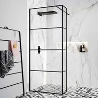Salle de bain personnalisée Douche à l'italienne Grille noire/Panneaux de douche fixes transparents en verre trempé cannelés Pare-douche
