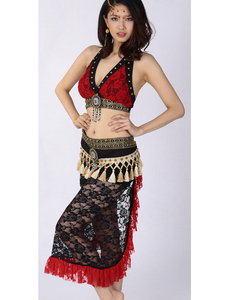 Sexy Tribal Dança do Ventre Traje Set Egípcio Cigano Dança Do Ventre Halter Colheita Top Frisado Borla Rendas Envoltório Saia Quadril Lenço - Product Image 3