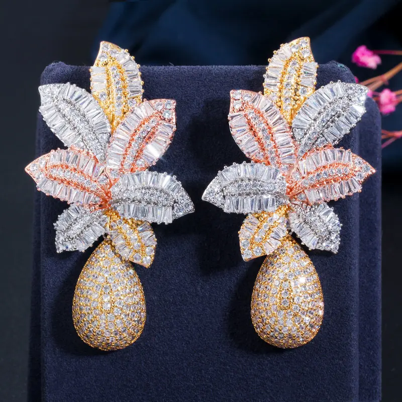 3 Tone Gold Plated Super Luxury Large Leaf Drop Flower Micro Cubic Zirconia Paved Naija Wedding Party Earring for Women