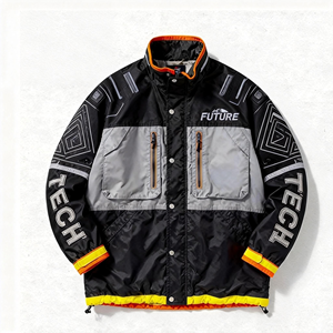 Chaqueta Cortavientos Multibolsillos con Logotipo Personalizado para Hombre, Estilo Techwear para Exteriores |   Chaqueta de Trabajo Larga de Alta Visibilidad con Bloques de Color Retro - Product Image 2