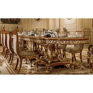 Estilo italiano elegante muebles de restaurante real antiguo de madera de lujo talla larga mesa de comedor y silla conjunto de 10 personas