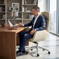 Chaise de bureau pivotante de luxe en cuir, dossier haut réglable, design ergonomique éco-responsable et roulettes silencieuses en nylon.