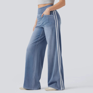 Jean évasé vintage <span class=keywords><strong>bleu</strong></span> délavé pour femme, coupe <span class=keywords><strong>ample</strong></span>, taille élastique, en tissu Oxford anti-plis, idéal pour l'été - Product Image 3