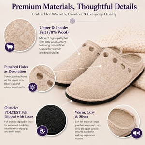 Premium Ladies' <b>Wool</b> Felt <b>Slippers</b> Soft Latex Sole Anti Slip Warm Comfortable House Shoes for Autumn Winter Indoor Home - Product Image 2