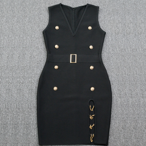 Nueva llegada señoras <span class=keywords><strong>Mini</strong></span> Moda Para vestido de vendaje verano venta al por mayor Eco-Friendly Sexy Club vestidos Deep V Metal cadena hebilla - Product Image 5