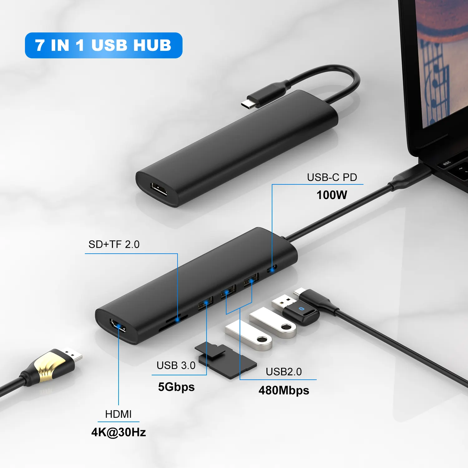 Abendessen Geschwindigkeit Aluminium 7 Anschlüsse USB3.0 4K HDTV PD Ladegerät Adapter USB-Anschluss Erweiterung 7 in1 Usbhub
