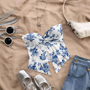 Casual Summer Women's Printed Vest Vacation Style <b>Crossed</b> Front Wrap <b>Top</b> with Strapless Off-Shoulder Blouse and Tube <b>Top</b> Design - Product Image 1