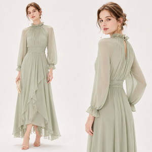 <span class=keywords><strong>Robe</strong></span> longue en mousseline vert sauge pour femme, à manches longues, col montant, volants, élégante, pour soirée, invitée de mariage, cérémonie ou fête - Product Image 1
