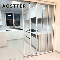Porte coulissante en aluminium blanc AOSTTER à 4 panneaux avec ouverture extensible, design symétrique, séparateur de pièce en verre, cloison en verre