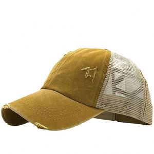 Men's Distressed Ponytail Baseball Sunshade <b>Hat</b> Washed Cotton Ripped Mesh Cap Embroidered Logo Soft Wholesale Promotional Cap - Product Image 5