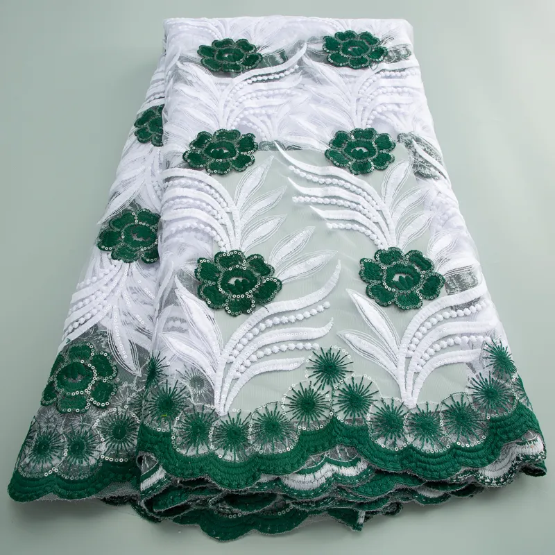 3564 mới được màu xanh lá cây và trắng Bridal thêu ren vải 2023 phi sequin vải tuyn lưới ren vải cho phụ nữ quần áo