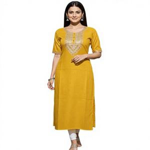 Kurti festif en coton fantaisie tissé avec broderie de sequins de 3 mm, séchage rapide, en stock, jaune - Product Image 1