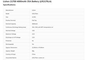 LS LISHEN 21700 실린더 LR2170LA 3.6V 4000mAh 40A 10C 방전 리튬 충전식 배터리 셀 - Product Image 6