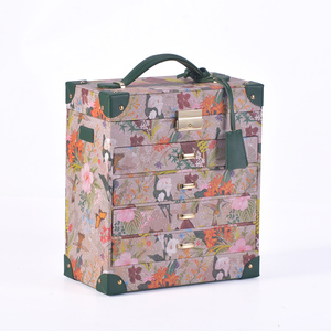 travel jewelry box flower printing leather jewelry box 4 trays jewelry box