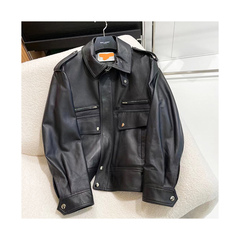 3240 Black Long Sleeves Pocket Women's Genuine Leather Coats Jackets for Ladies Streetwear
