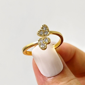High Quality 18k Gold Plated Cubic Zirconia Double Heart <b>Adjustable</b> <b>Ring</b> Women - Product Image 1