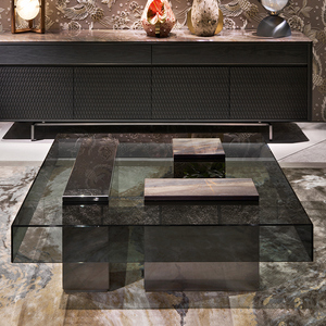 Mueble de sala de estar moderno, mesa de té de vidrio templado con patas de mármol, copia superior, mesa de té de vidrio rojo - Product Image 3