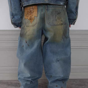 <span class=keywords><strong>Pantalones</strong></span> vaqueros viejos teñidos de barro sucio de moda popular con diseño roto <span class=keywords><strong>pantalones</strong></span> de pierna ancha sueltos de estilo callejero de primavera para hombres al por mayor - Product Image 4