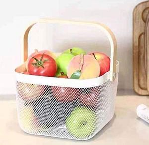 Kitchen Bathroom Picnic Pantry Cabinets Storage <b>Mesh</b> Steel Storage Organizer <b>Basket</b> Fruit <b>Basket</b> Bin with Wood Handle - Product Image 6